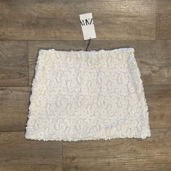 ZARA Beaded Sequin Mini Skirt NWT High Waisted White Size L - Picture 13 of 16